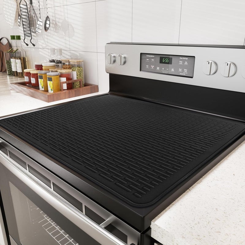 Abalter Stove Top Cover for Electric Stove - Food Grade Ceramic Stove top Cover, Silicone XXL Dish Drying Mat, Glass Cooktop Covers, Flat RV Range top Mats (Black,30x21) - Image 1